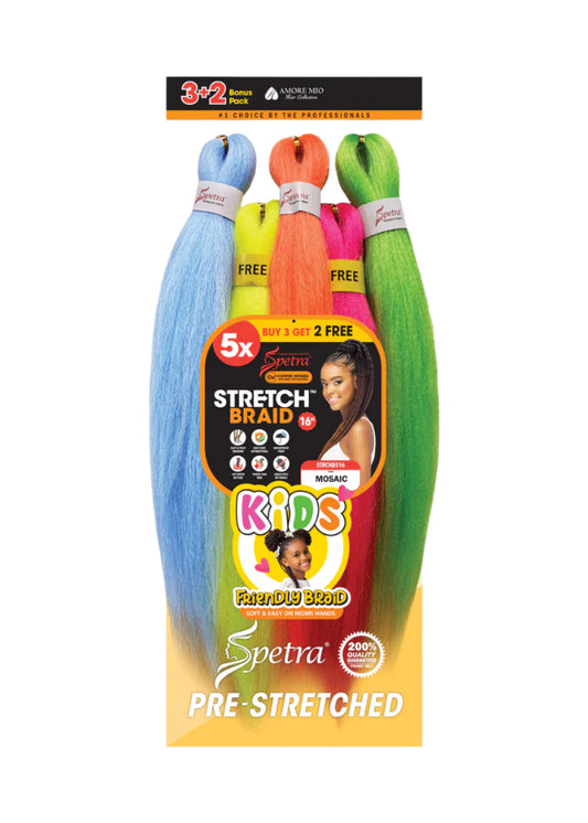 Spetra Kids Pre-Stretched Braiding Hair 16" 5X packaging with bundles in light blue, yellow, orange, pink, and green.