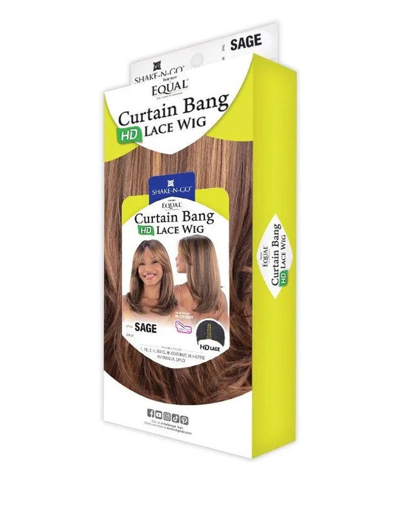 Packaging for Freetress Equal Curtain Bang HD Lace Wig, Sage color. Shows a long, layered brown wig with curtain bangs.