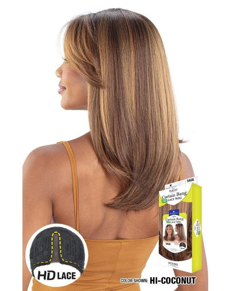 Freetress Equal HD Lace Front Wig. Model shows a straight, layered brown wig with highlights and curtain bangs.