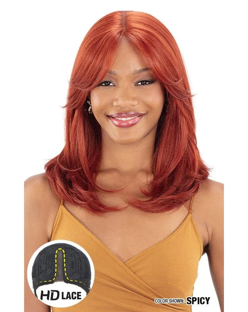 Smiling person models Freetress Equal HD Lace Front Wig. Medium layered "Spicy" red hair with curtain bangs.