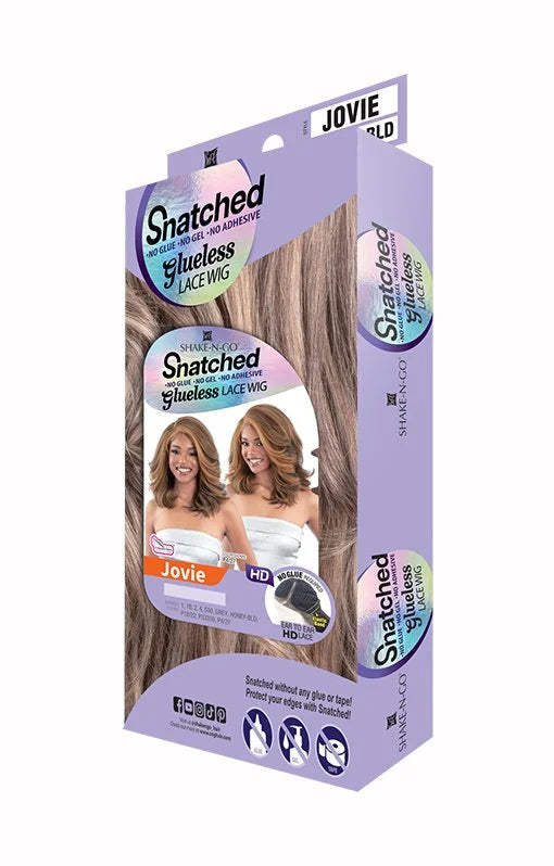 Product packaging for Snatched Glueless HD Lace Wig Jovie. Features models with wavy, light brown shoulder-length hair.