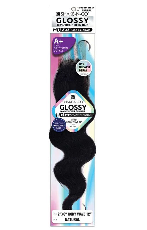 Packaging for Glossy 2x6 Body Wave HD Lace Closure, 12-inch, natural black wavy hair with a colorful background.