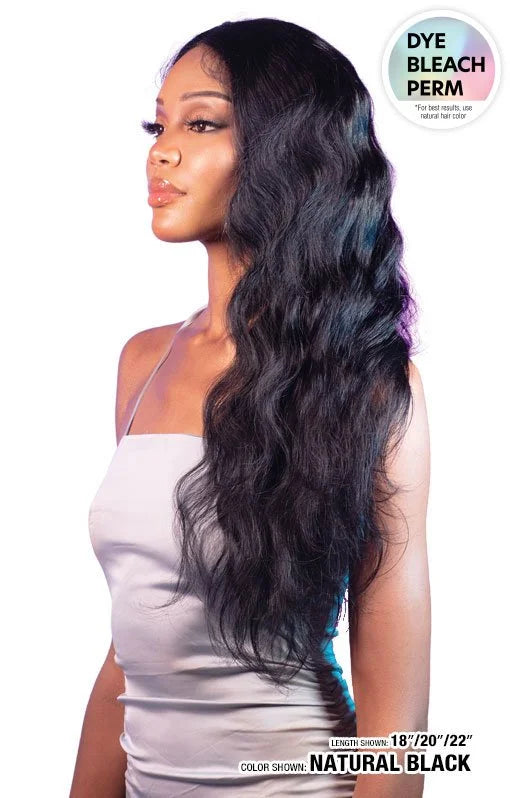 Model with Glossy Body Wave Lace Closure. Long, natural black hair in voluminous waves reaches her hips.