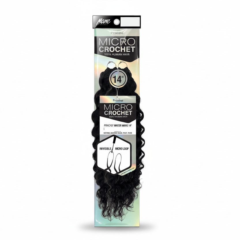 Pristine Micro Crochet 100% Human Hair - Water Wave 14" product packaging, showcasing long, black, wavy hair.