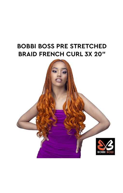 A model showcases long, vibrant orange Boss Braid French Curl 20" - 3X Triple Pack hair, braided at top with loose curls.