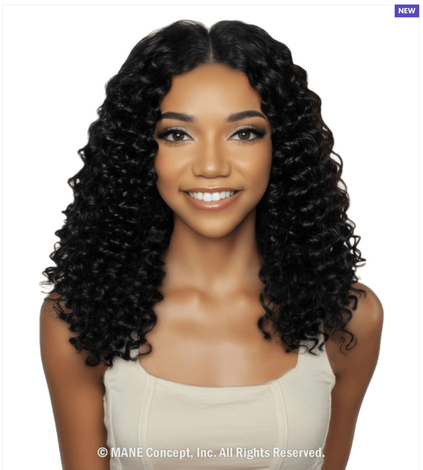 Smiling woman models Pristine Micro Crochet 14" Deep Wave 100% Human Hair. Black, shoulder-length, center-parted.