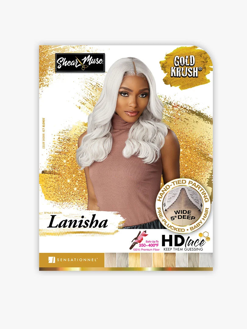 Packaging for Shear Muse Gold Krush Glueless Lace Front Lanisha wig with model wearing long, wavy, icy blonde hair.