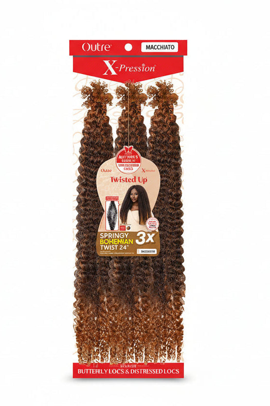 Packaged hair extensions with 'Outre Xpression' branding on a white background