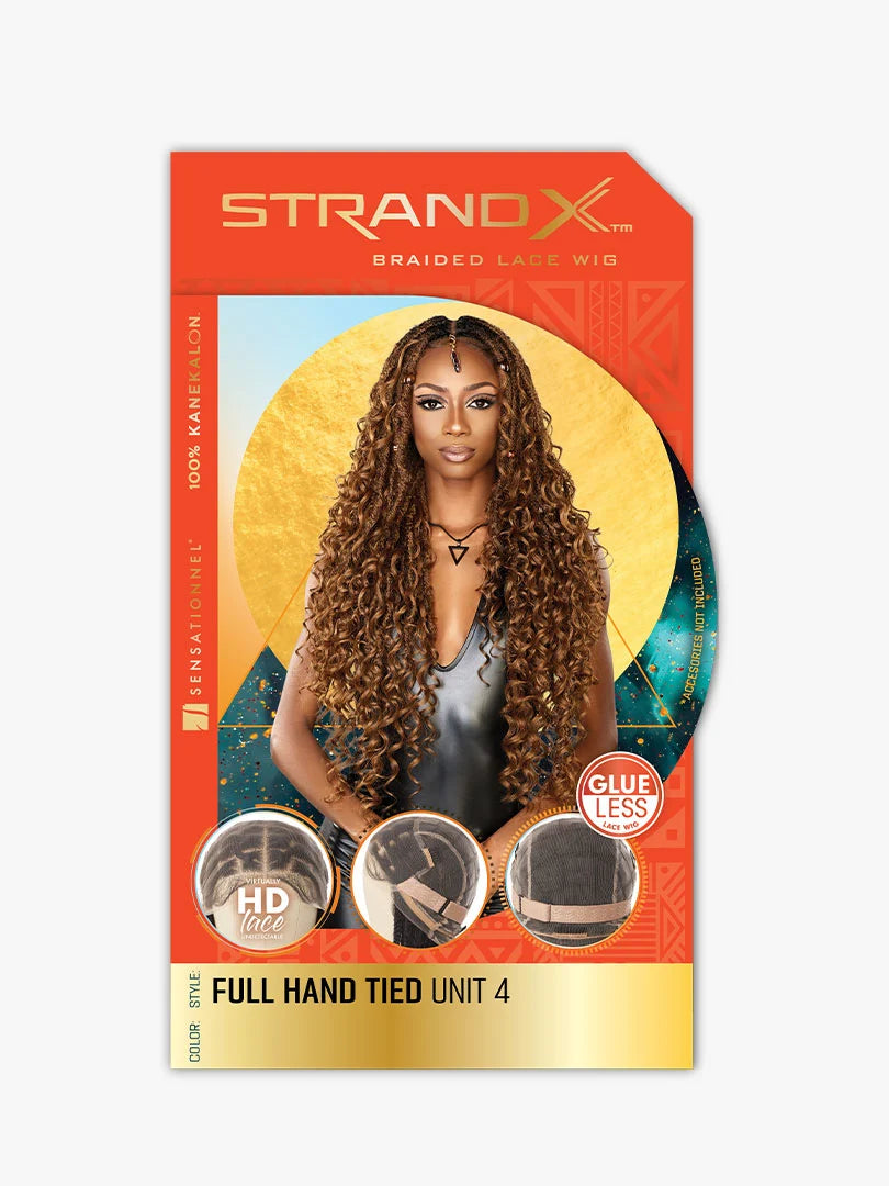 STRAND X Glueless Lace Wig Unit 4 packaging shows a model with long, voluminous, braided, highlighted brown curly hair.