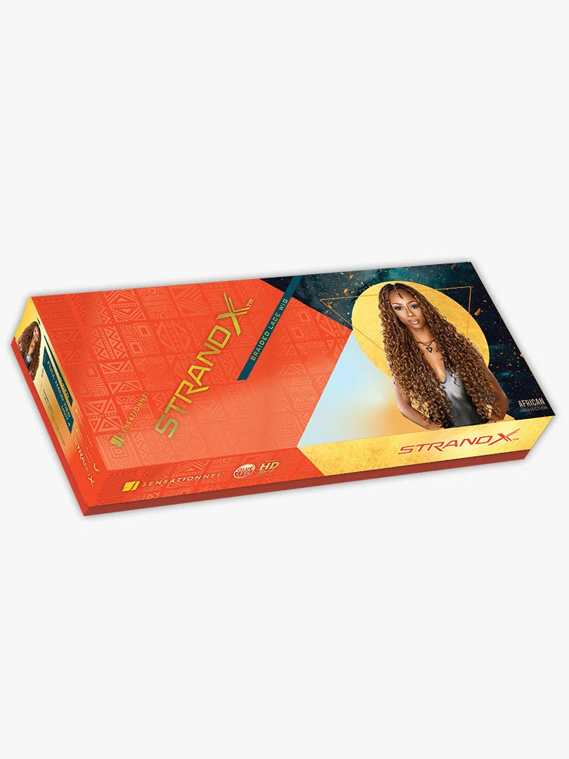 STRAND X Glueless Lace Wig packaging. Orange box with a model wearing long, wavy, auburn braided hair.