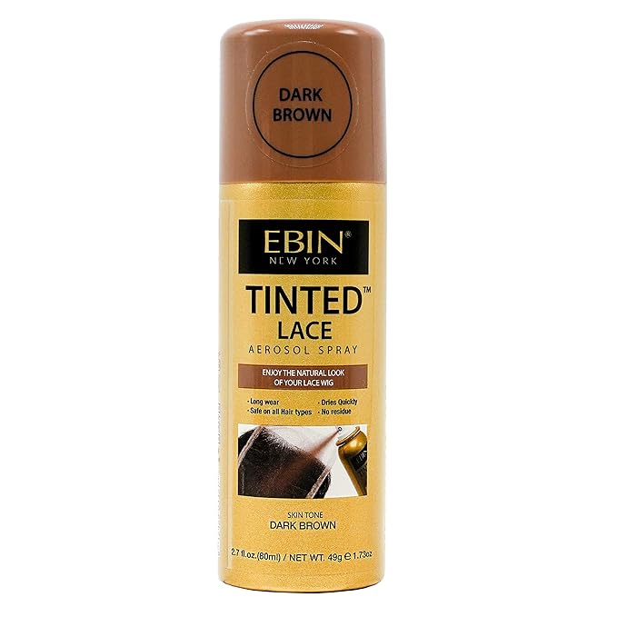 Product packaging for EBIN Tinted Lace Aerosol Spray in Dark Brown. Gold can with brown cap. Shows dark brown lace applica...