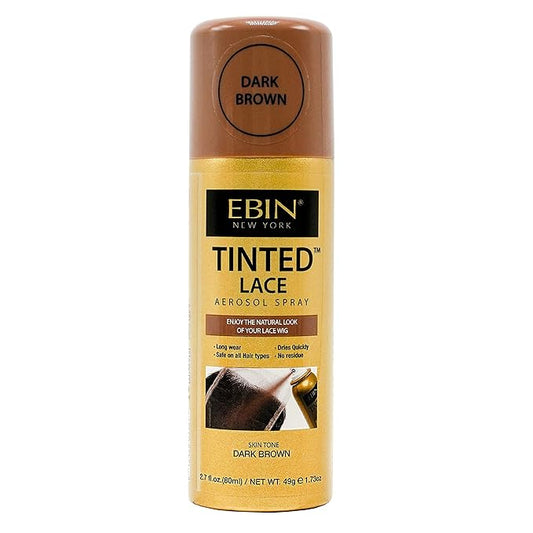 Product packaging for EBIN Tinted Lace Aerosol Spray in Dark Brown. Gold can with brown cap. Shows dark brown lace applica...