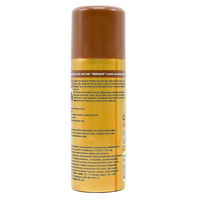 Product packaging for EBIN Tinted Lace Aerosol Spray. It's a dark brown-capped, shiny gold spray can with visible label de...