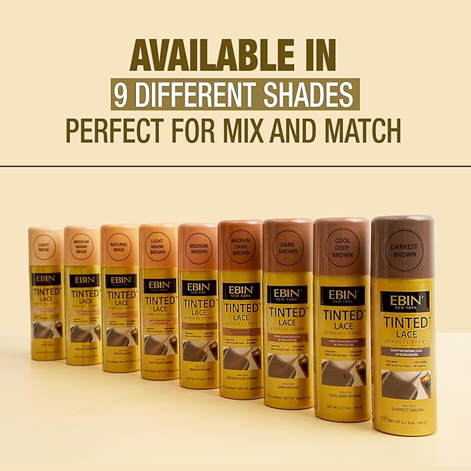 Nine EBIN Tinted Lace Aerosol Spray cans in a gradient, from light beige to darkest brown, including the Dark Brown spray.