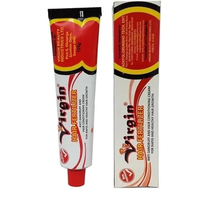 Virgin Hair Fertilizer packaging: a red, yellow, and white tube next to its white rectangular box.
