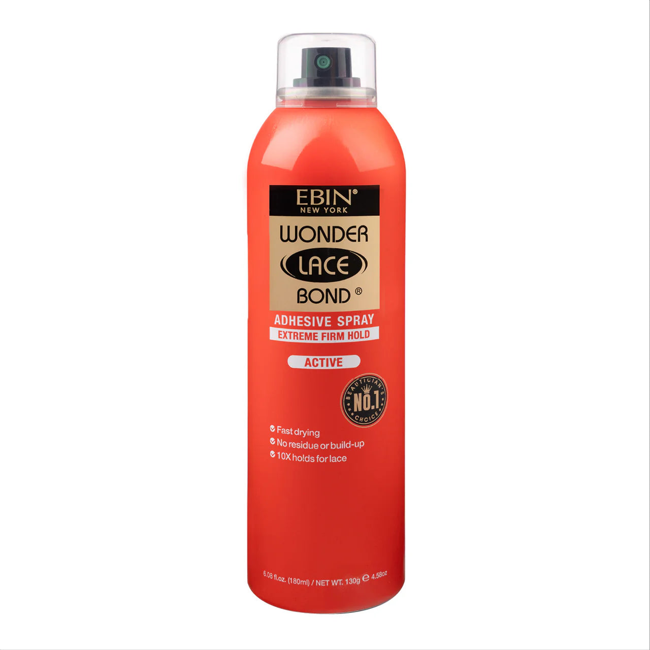 Product packaging: a vibrant red Ebin New York Wonder Lace Bond Adhesive Spray Active aerosol can with a clear cap, 6.08oz.
