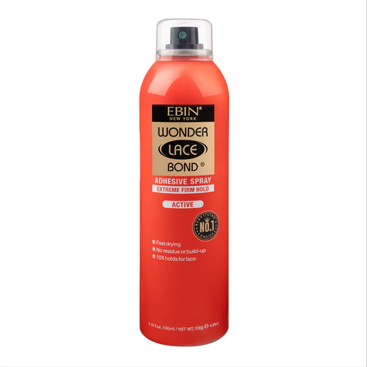 Product packaging: a vibrant red Ebin New York Wonder Lace Bond Adhesive Spray Active aerosol can with a clear cap, 6.08oz.