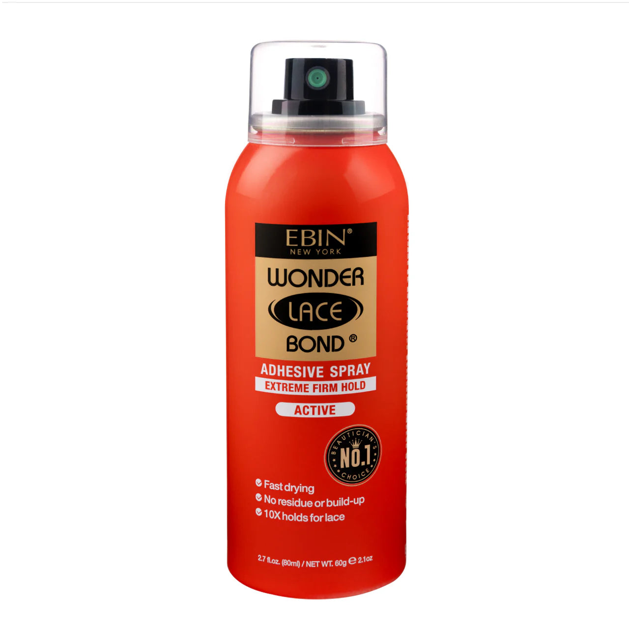 Product packaging for EBIN New York Wonder Lace Bond Adhesive Spray Active. Bright orange aerosol can with black and gold ...