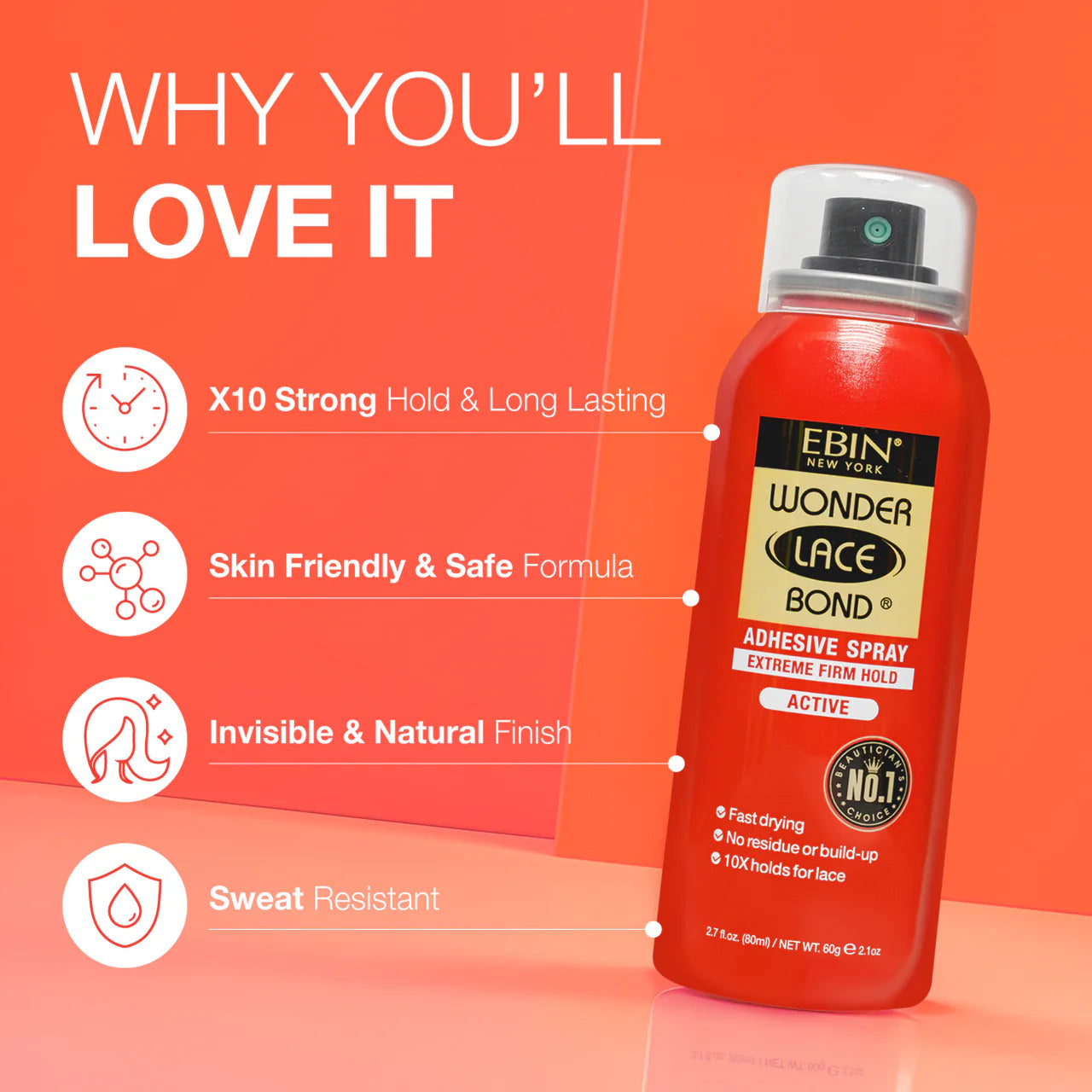 Red Ebin New York Wonder Lace Bond Adhesive Spray Active can. Features strong hold, skin-friendly, sweat resistant.