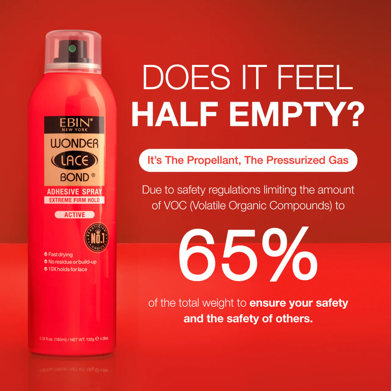 Red Ebin New York Wonder Lace Bond Adhesive Spray Active can with text explaining 65% propellant weight.