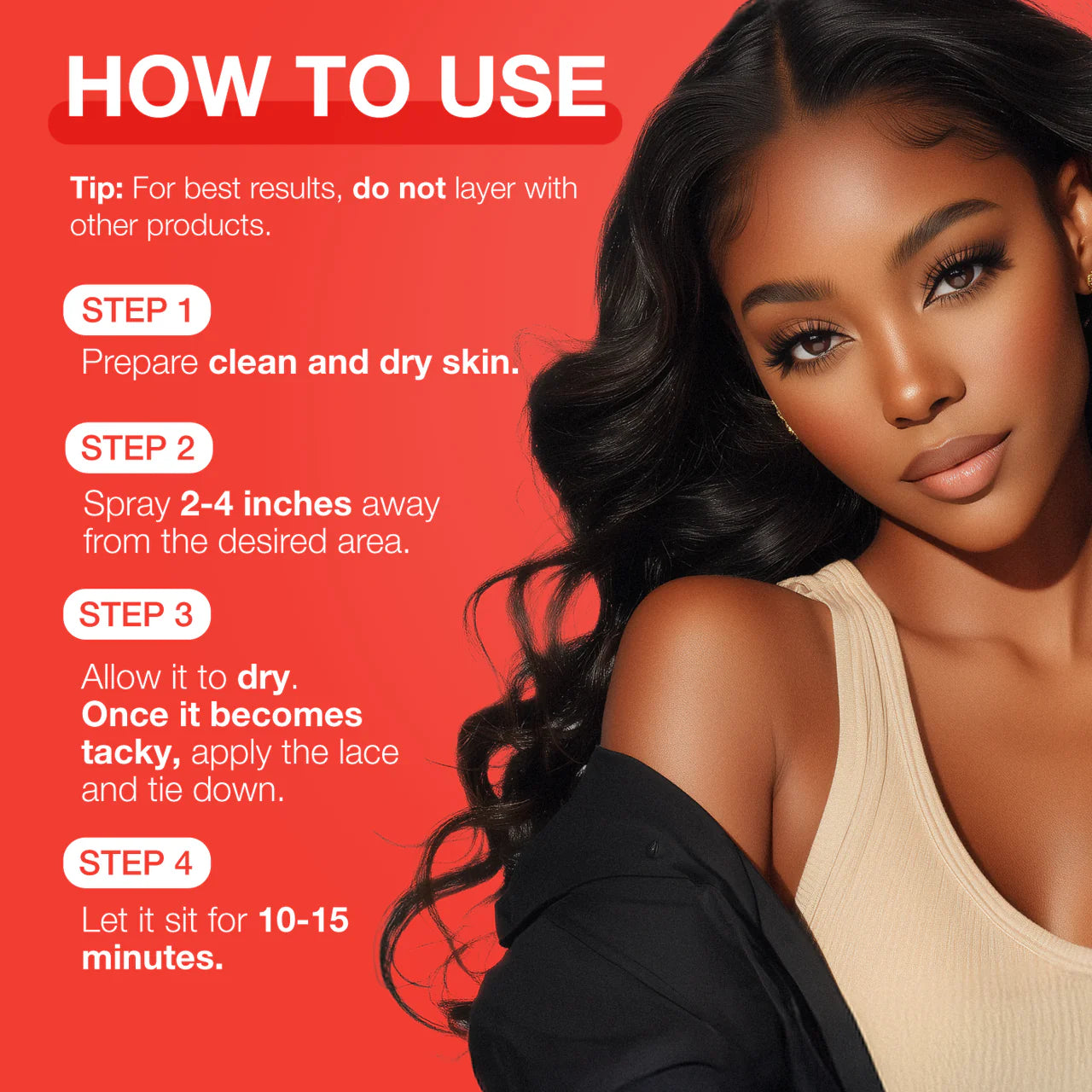 A woman with long, dark, wavy hair and styled baby hairs next to Ebin New York Wonder Lace Bond 'How To Use' steps.