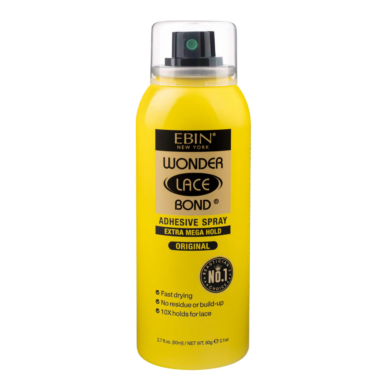 Yellow EBIN NEW YORK Wonder Lace Bond Adhesive Spray Original 2.7oz packaging. Aerosol can with clear cap, black/gold label.