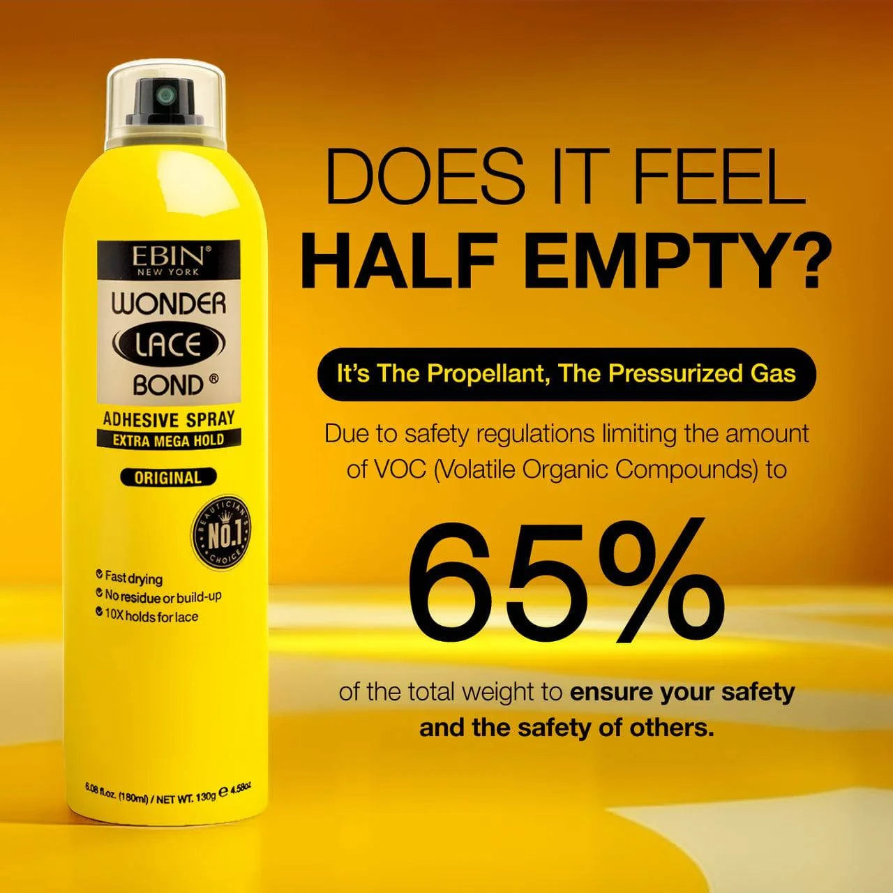 Bright yellow EBIN Wonder Lace Bond Adhesive Spray aerosol can with "Extra Mega Hold" label.