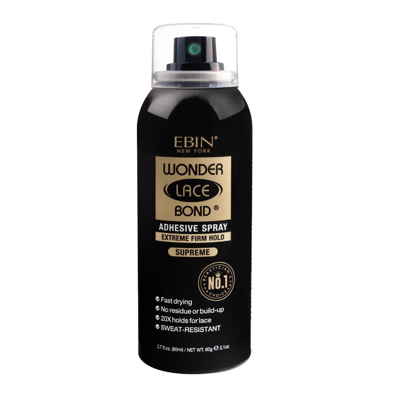 Ebin New York Wonder Lace Bond Adhesive Spray Supreme product packaging. Black aerosol can with a gold and white label.