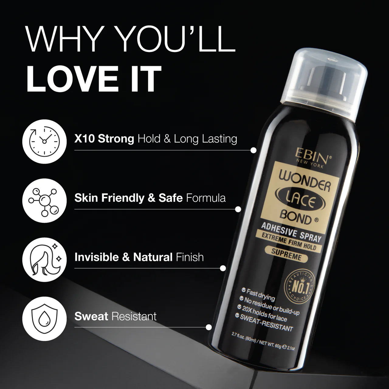 Black Ebin New York Wonder Lace Bond Adhesive Spray Supreme can with clear cap, angled on a dark background. Benefits list...