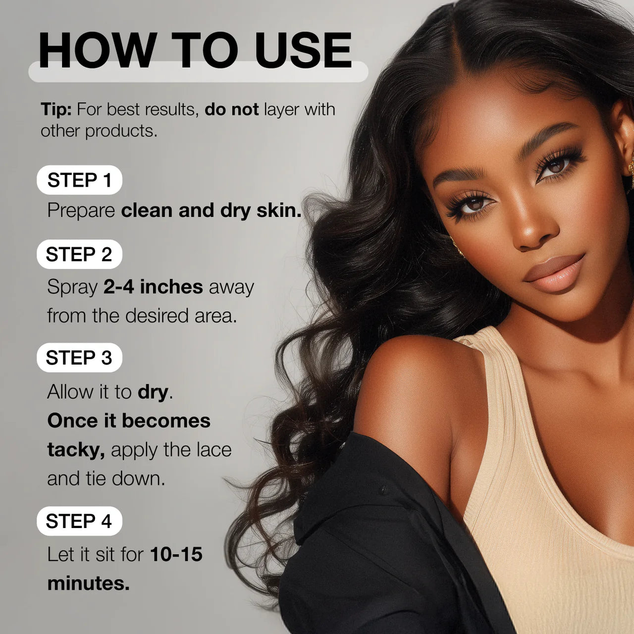 Woman with long, dark, wavy hair and perfect baby hairs, demonstrating "How to Use" Ebin New York Wonder Lace Bond Adhesiv...