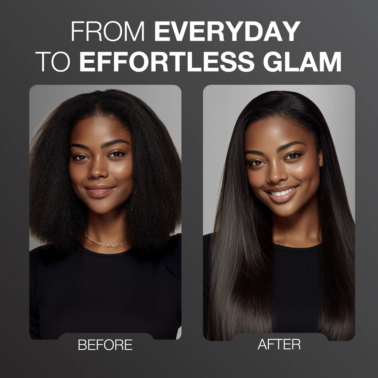 Woman's kinky natural hair transforms to long, sleek black hair with Ebin New York Wonder Lace Bond Adhesive Spray Supreme.