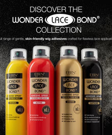 Four Ebin New York Wonder Lace Bond Adhesive Spray cans, including Supreme, in yellow, red, gold, and black with green noz...