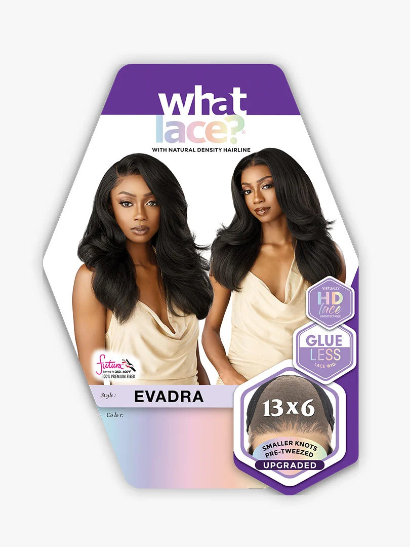 Product packaging for Cloud 9 What Lace? Evadra wig, showing two models with long, dark, voluminous wavy hair.