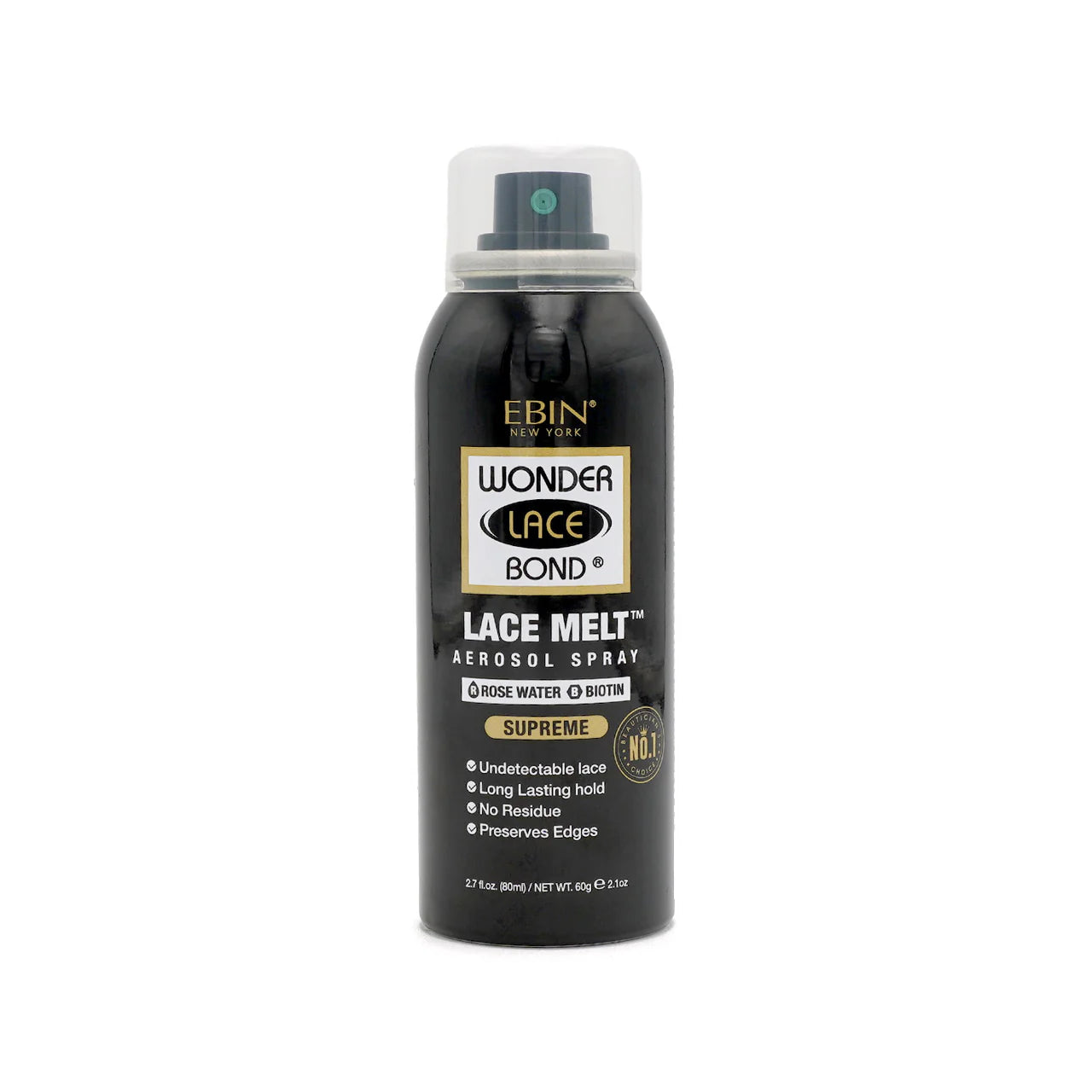 Packaging for EBIN NEW YORK Wonder Lace Bond Lace Melt Aerosol Spray. It's a black aerosol can with a clear cap, highlight...