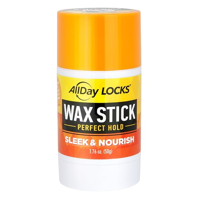 ALLDAY LOCKS Wax Stick 1.76 oz product packaging. Bright yellow and orange stick, label says "Perfect Hold, Sleek & Nourish".