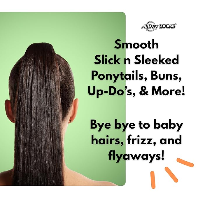 Sleek, dark brown hair in a high ponytail, showing perfect hold from ALLDAY LOCKS Wax Stick.