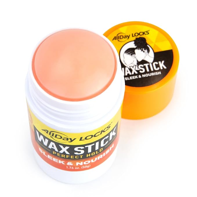 ALLDAY LOCKS Wax Stick packaging. White stick with peach wax exposed, orange cap showing brand and sleek & nourish text.