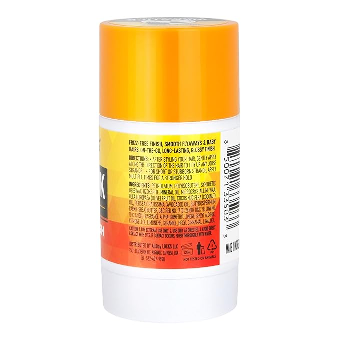 Back view of ALLDAY LOCKS Wax Stick packaging. White container, orange cap, with product info, ingredients, and barcode.