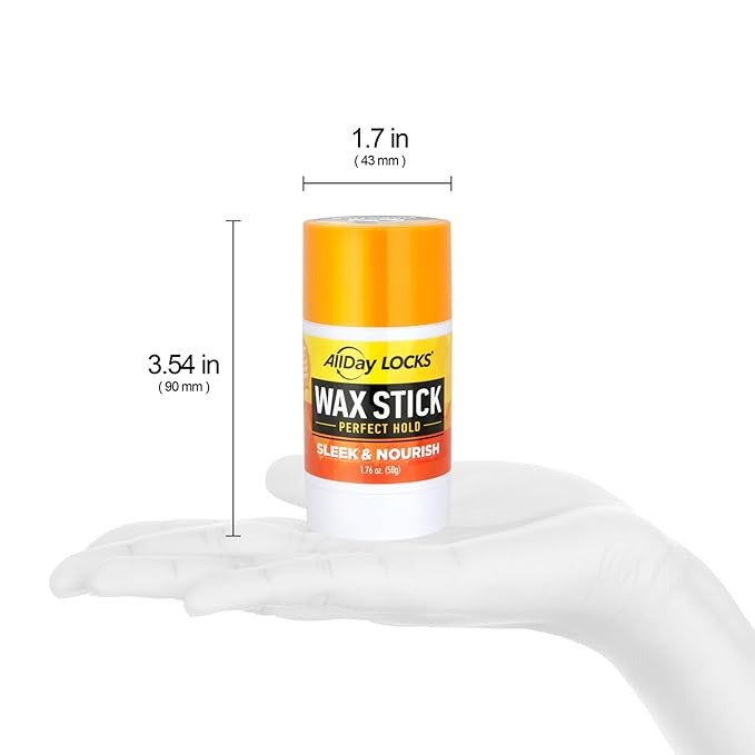 ALLDAY LOCKS Wax Stick packaging in a hand. Orange cap, white base, yellow label shows "Perfect Hold, Sleek & Nourish". Me...