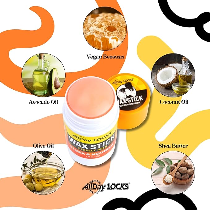 ALLDAY LOCKS Wax Stick packaging, a white stick with exposed light orange wax, yellow label, and yellow cap, surrounded by...