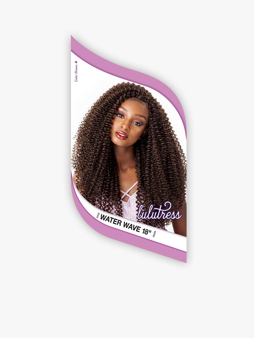 Product packaging for Lulutress Water Wave 18" crochet hair showing a model with long, voluminous dark brown curls.