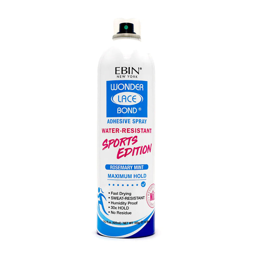 White EBIN NEW YORK Wonder Lace Bond Adhesive Spray Sports Edition can with blue base and prominent red text.