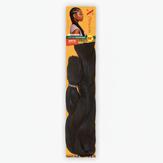 Packaging for X-Pression Braid 96-inch Ultra Long Braiding Hair. Shows a model with braids and the bundled dark brown hair.