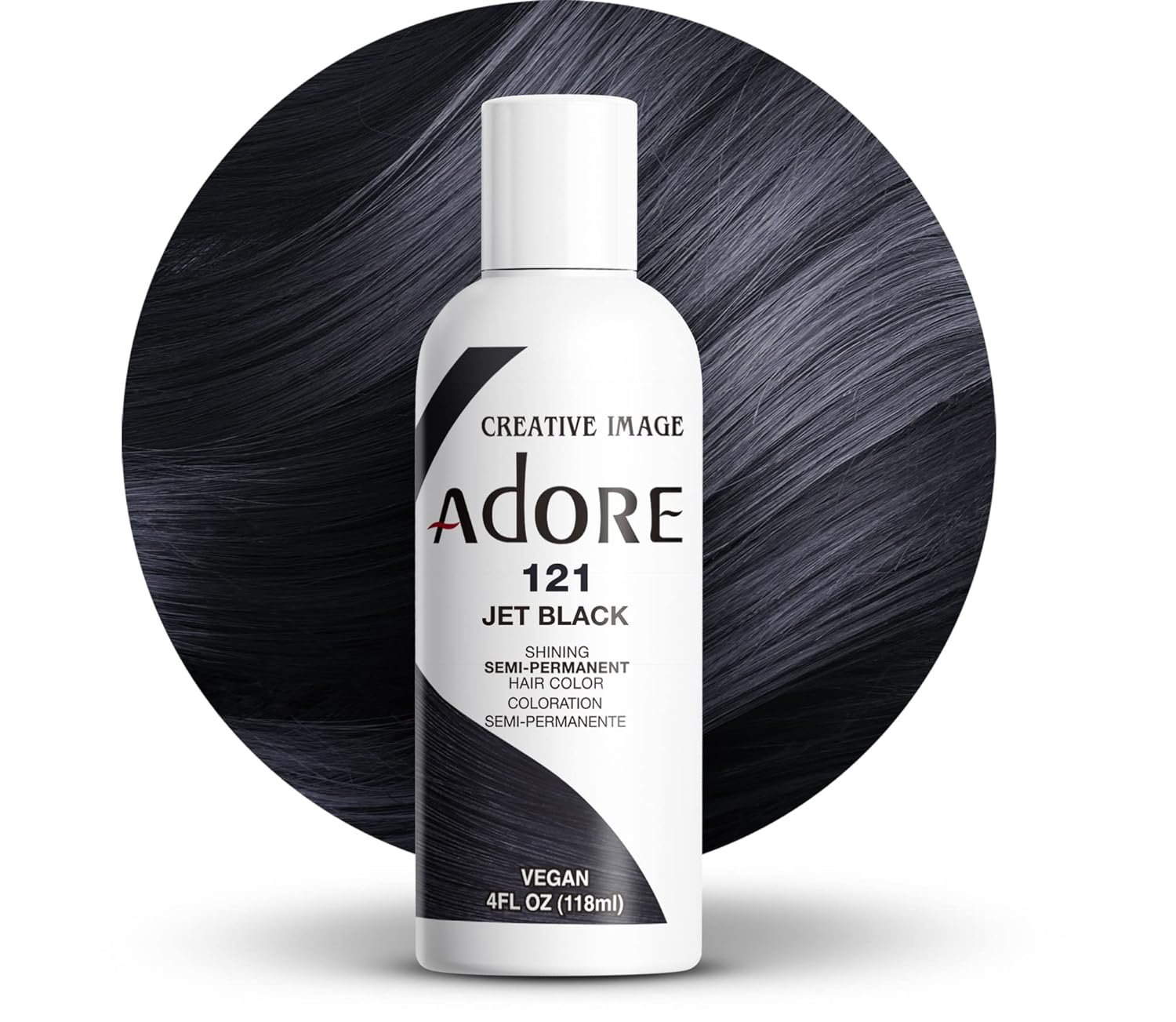 Creative Image Adore Jet Black semi-permanent hair color bottle. Behind it, a circular swatch of shiny, straight jet black...