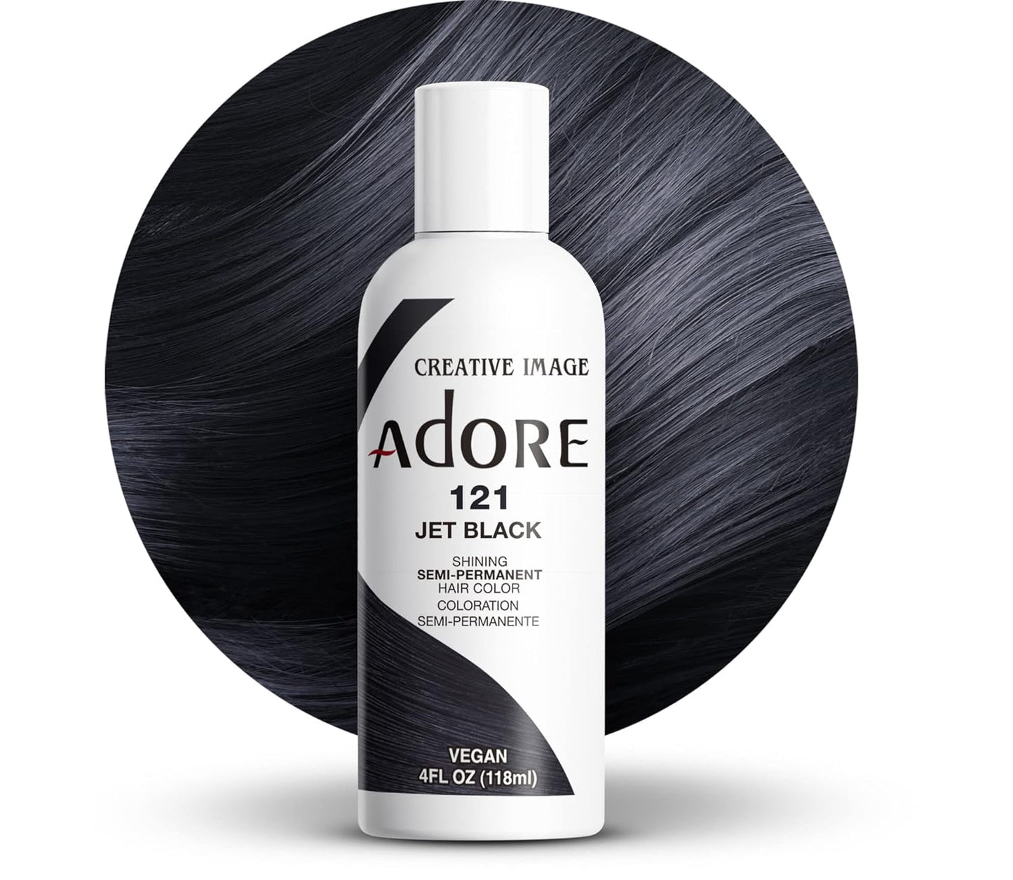 Creative Image Adore Jet Black hair color bottle displayed in front of a circular swatch of sleek, shiny jet black hair.