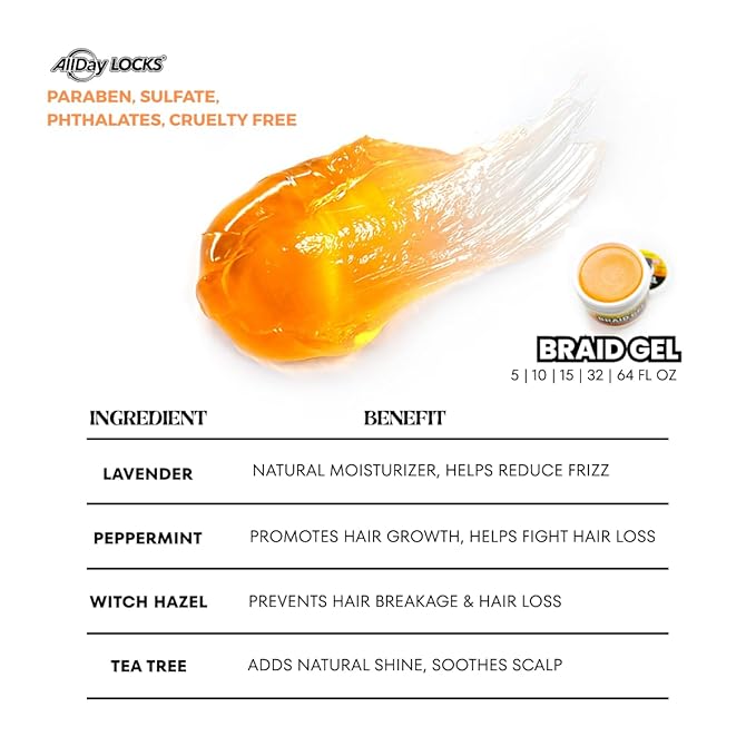 Translucent orange smear of AllDay Locks Braid Gel, with a small product jar and ingredient benefits.
