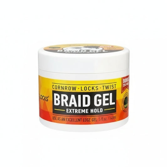 White jar of ALLDAY LOCKS BRAID GEL 5 OZ. Yellow and black label features 'BRAID GEL EXTREME HOLD' and 'Bonus 25% More'.