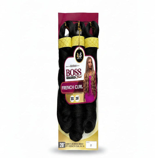 Boss Braid French Curl 20" 3X packaging: three bundles of black wavy hair, and a model with long, wavy blonde hair.
