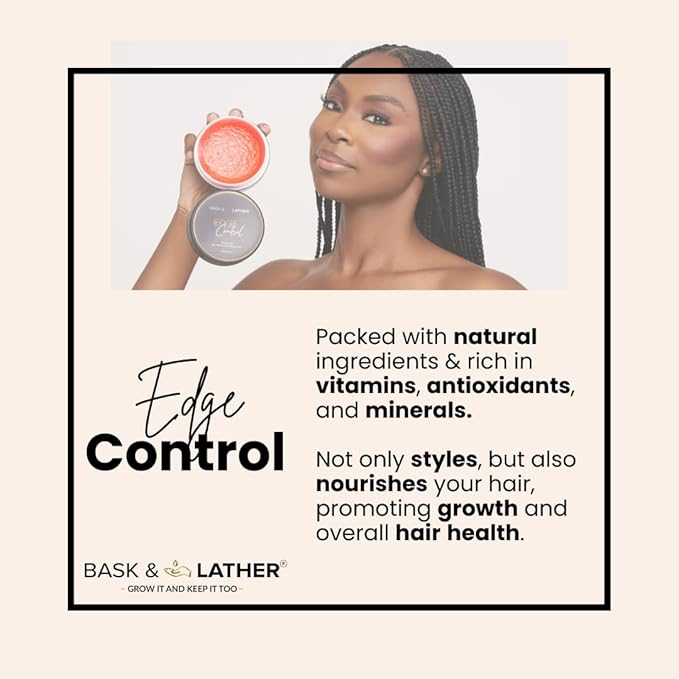 A smiling woman with long dark braids holds an open and a closed container of Bask & Lather Edge Control.