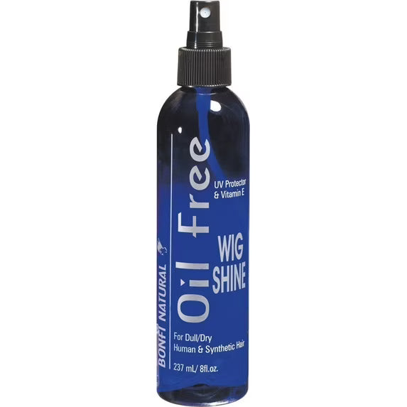 Product packaging for Bonfi Natural Oil Free Wig Shine, a dark blue spray bottle with a black top and blue label.
